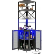 Winkalon Corner Bar Cabinet with Power Outlet, 5-Tiers Industrial Wine Cabinet with LED Strip and Glass Holder for dining room, living room, kitchen, Grey